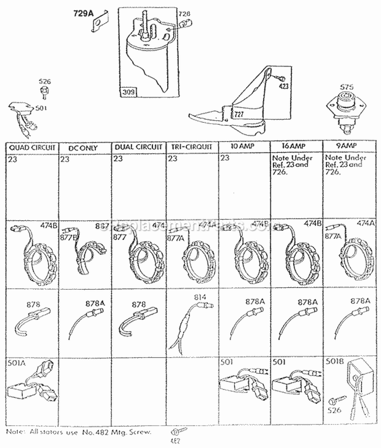 Alternator Chart Diagram and Parts List for  Briggs and Stratton Engine